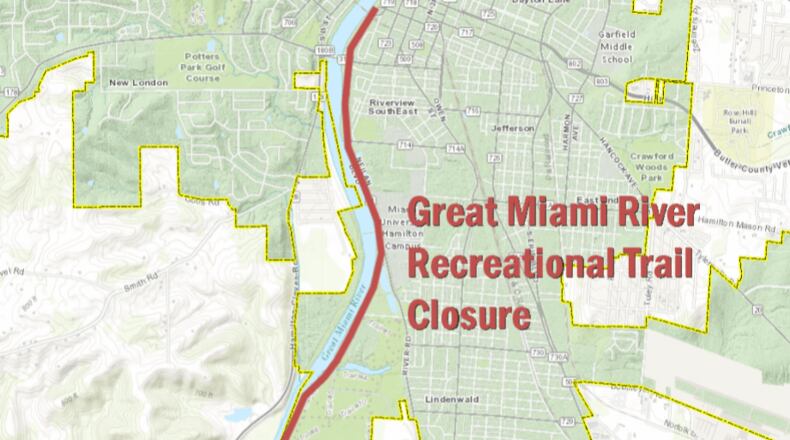 A 3.2-miles long section of the Great Miami River Trail, seen here on this map by the City of Hamilton, will close for resurfacing. It extends from the Fitton Center (to the north) down to the baseball fields at Joyce Park. CONTRIBUTED