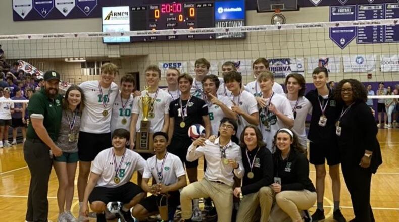The Badin boys volleyball team poses for a photo after beating Dayton Carroll in the Division II state championship match. CONTRIBUTED
