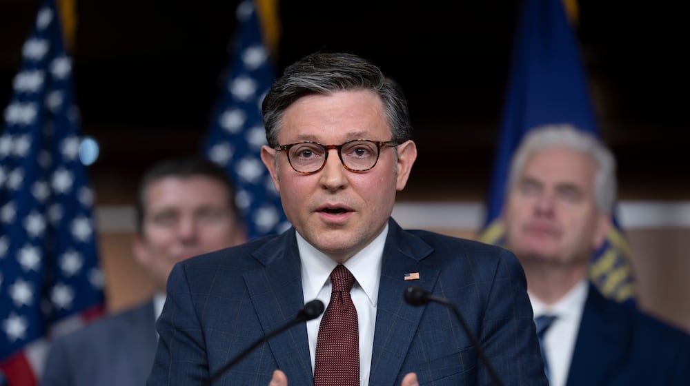 Speaker of the House Mike Johnson, R-La., speaks during as news conference at the Capitol in Washington, Wednesday, March 25, 2026. (AP Photo/J. Scott Applewhite)