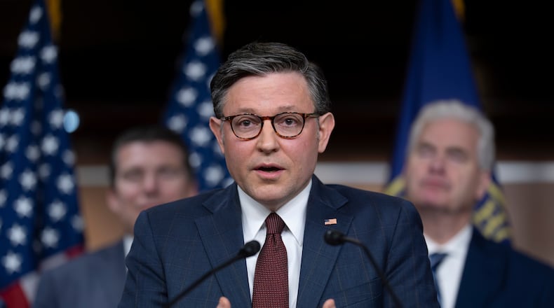 Speaker of the House Mike Johnson, R-La., speaks during as news conference at the Capitol in Washington, Wednesday, March 25, 2026. (AP Photo/J. Scott Applewhite)