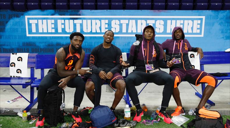INDIANAPOLIS, IN - MARCH 02: Wide receivers (from left) Parris Campbell and Terry McLaurin of Ohio State, Emmanuel Butler of Northern Arizona and Tyre Brady of Marshall look on during day three of the NFL Combine at Lucas Oil Stadium on March 2, 2019 in Indianapolis, Indiana. (Photo by Joe Robbins/Getty Images)