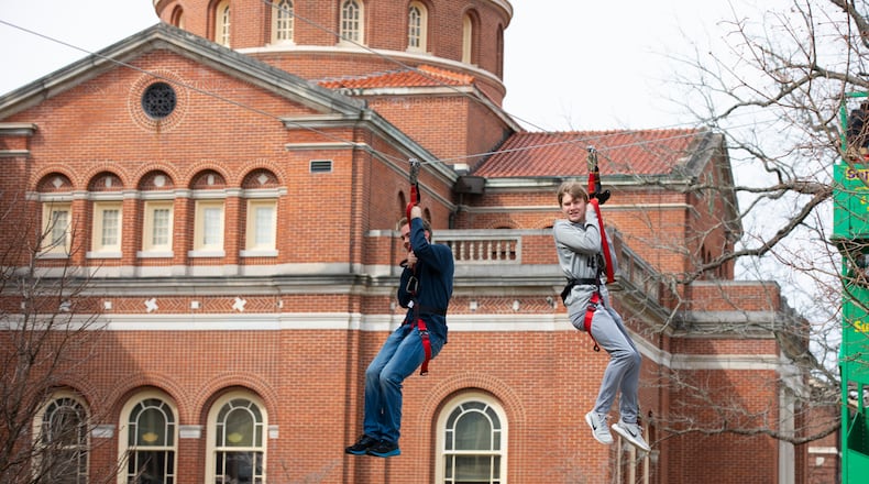 Entertainment opportunities and games coming to Friday’s Streets & Eats celebration will include a zip line set up on High Street much like this arrangement at another SuperGames set up. CONTRIBUTED