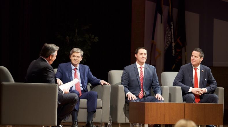 The three Republicans running in the Ohio Republican primary for U.S. Senate participated in a forum on Monday, Feb. 19, 2024, at the University of Findlay. From left are state Sen. Matt Dolan, Ohio Secretary of State Frank LaRose and Westlake businessman Bernie Moreno. BRENDEN FERGUSON/CONTRIBUTED