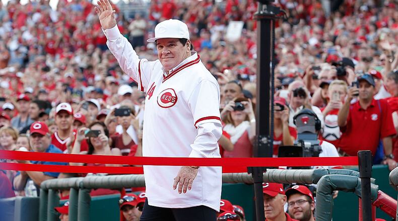 CINCINNATI, OH - JUNE 24: Cincinnati Reds great Pete Rose is introduced to the crowd as the 1976 World Series Championship team was honored prior to the start of the game between the Cincinnati Reds and the San Diego Padres at Great American Ball Park on June 24, 2016 in Cincinnati, Ohio. (Photo by Kirk Irwin/Getty Images)