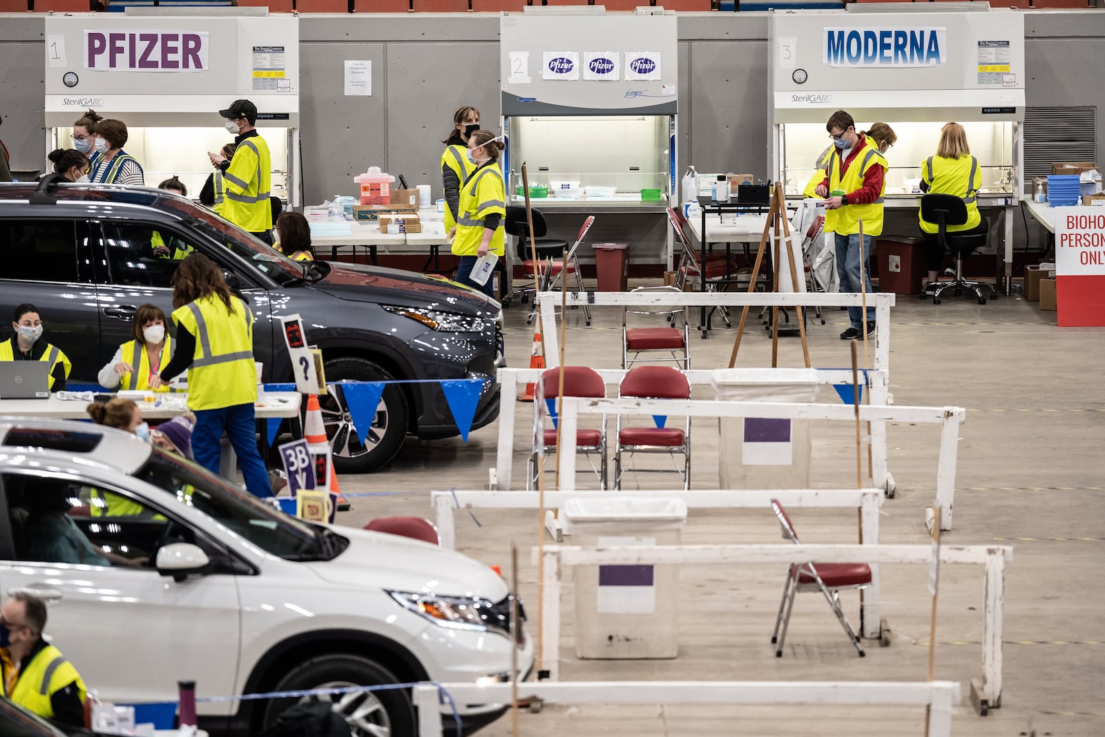 FILE — A mass vaccination site at the Kentucky State Fair and Exposition Center in Louisville, Ky., on March 16, 2021. Even before the catastrophic storm on Dec. 10, 2021, the state and its governor have been tested repeatedly. (Jon Cherry/The New York Times)