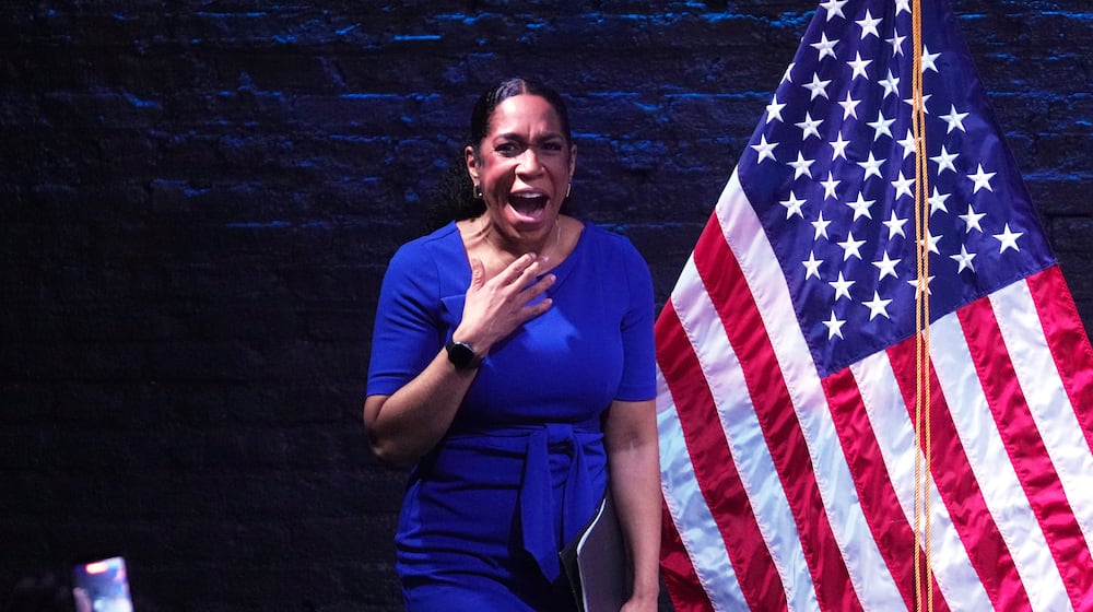 Illinois Lt. Gov. Juliana Stratton reacts as she takes the stage during a primary election night watch party after winning the Democratic primary for U.S. Senate, Tuesday, March 17, 2026, in Chicago. (AP Photo/Erin Hooley)
