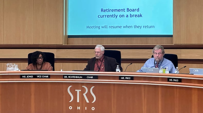 Dr. Rudy Fichtenbaum conducts a meeting of the State Teachers Retirement System of Ohio board of trustees on Wednesday, May 15, 2024, shortly after an election that ousted the previous board chair took place at STRS headquarters in Columbus, Ohio. (AP Photo/Julie Carr Smyth)