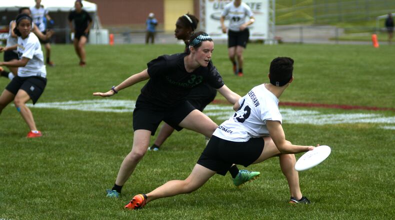 A player from the University of British Columbia club looks for a pass on Sunday, May 28, 2017 in the semi-finals matchup in the USA Ultimate Division I Women’s Championship matchup against Dartmouth. MICHAEL D. PITMAN/STAFF