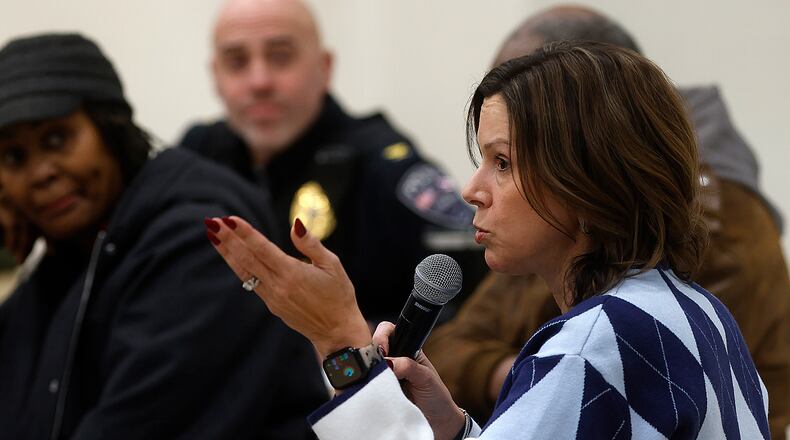 Fairborn City Schools Superintendent Amy Gayheart with other city leaders and residents discuss the future of marijuana sales during a public forum Monday night, Jan. 28, 2025, at Fairborn High School. MARSHALL GORBY\STAFF