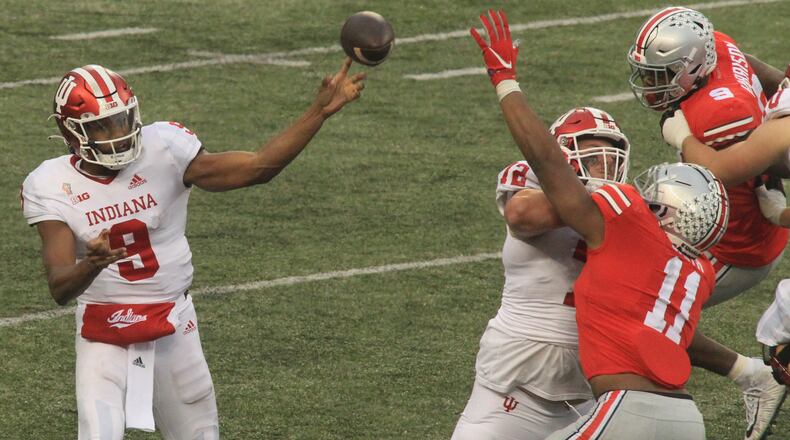 Indiana's Michael Penix Jr. throws a pass against Ohio State on Saturday, Nov. 22, 2020, at Ohio Stadium in Columbus. David Jablonski/Staff