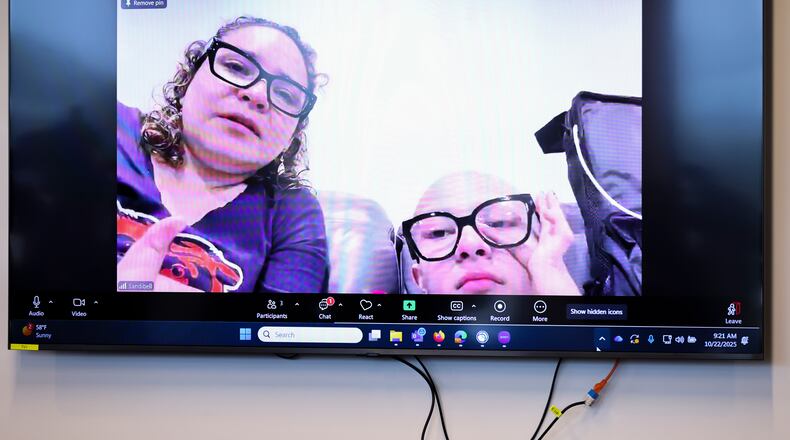 Sandibell Hidalgo, left, and Ofelia Torres, 16, speak to the room about the detention of Ruben Torres Maldonado during a news conference calling for the release of Ruben Torres Maldonado at on Wednesday, Oct. 22, 2025. (Anthony Vazquez /Chicago Sun-Times via AP)