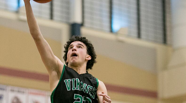 New Miami guard Jordan Robinette goes to the basket during the All-Butler County All-Star boys basketball game at the Hamilton Athletic Center in Hamilton Saturday, Apr. 7, 2018. CONTRIBUTED PHOTO BY E.L. HUBBARD