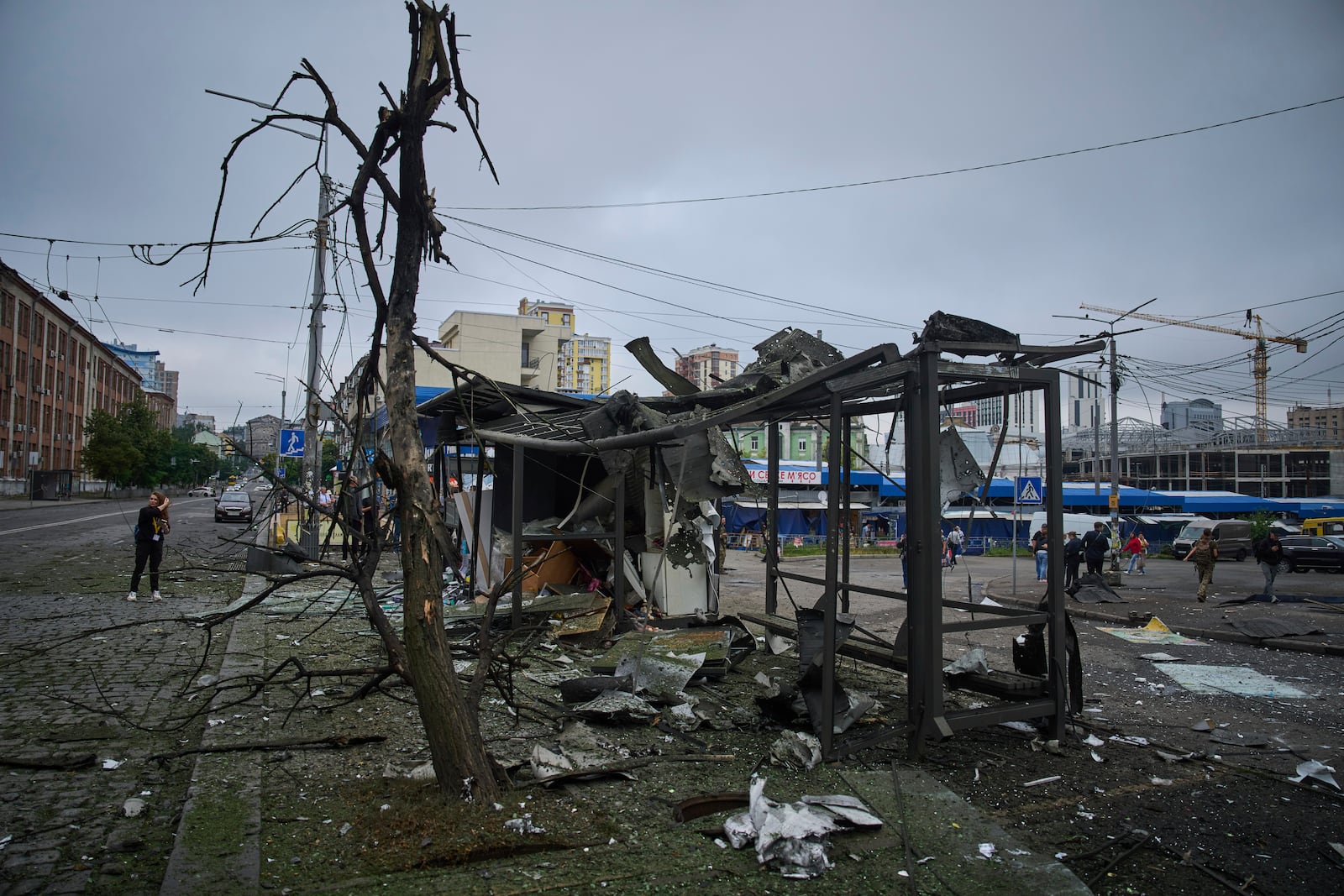 A bus stop is seen damaged by a Russian attack in Kyiv, Ukraine, Monday, July 21, 2025. (AP Photo/Efrem Lukatsky)