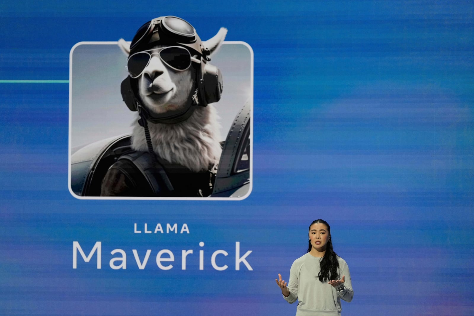 Meta Research Scientist in Generative AI Angela Fan speaks at LlamaCon 2025, an AI developer conference, in Menlo Park, Calif., Tuesday, April 29, 2025. (AP Photo/Jeff Chiu)