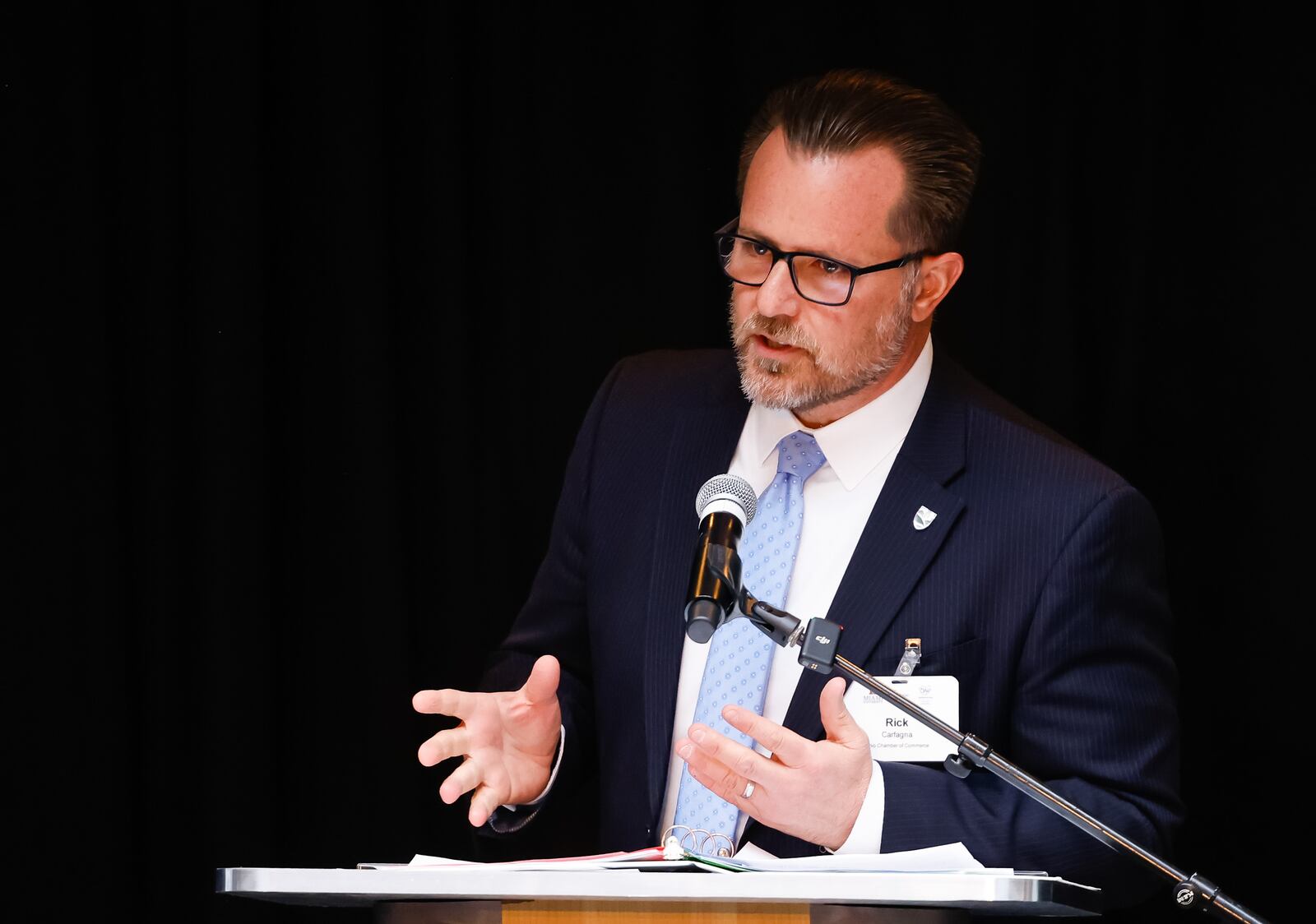 Rick Carfagna, Senior Vice President of Goverment Affairs for Ohio Chamber of Commerce, speaks during a ribbon cutting for the new Advanced Manufacturing Workforce and Innovation Hub Monday, Feb. 2, 2026 in Hamilton. The facility is a partnership between Miami University and Butler Tech in the former VORA Technology Park. NICK GRAHAM/STAFF