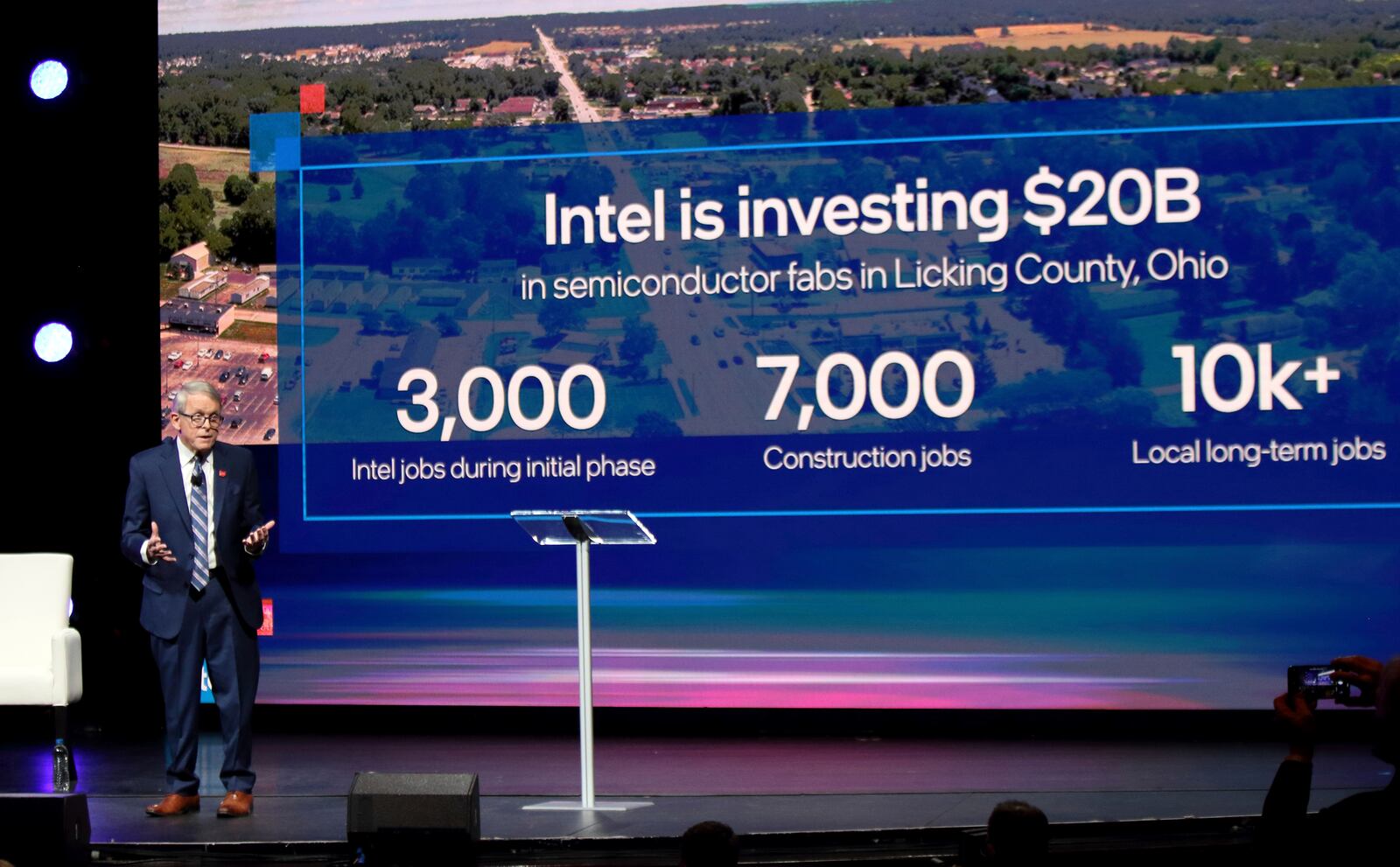 Ohio governor Mike DeWine speaks during the announcement last January in Newark, that Intel will invest $20 billion to build two computer chip factories on a 1,000-acre site in Licking County, Ohio, just east of Columbus. (AP Photo/Paul Vernon)