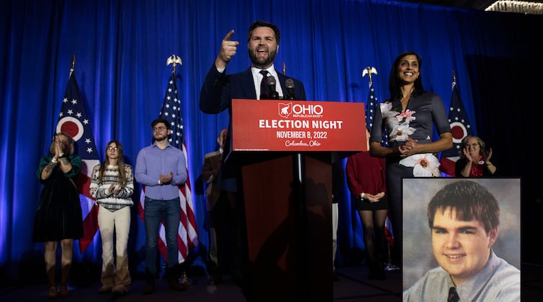 JD Vance is seen in November 2022 after winning the senate seat, and at the right in his Middletown High School yearbook photo. (Main photo: Maddie McGarvey/The New York Times)
