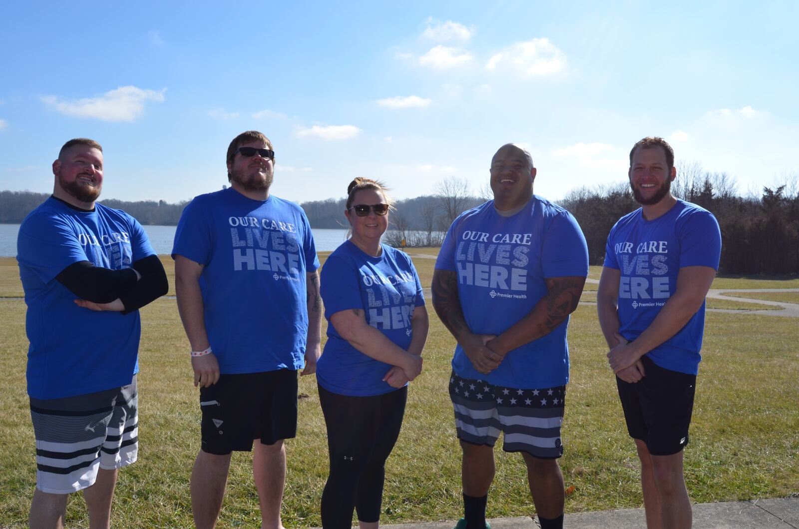 Members of the Department of Public Safety at Atrium Medical Center participated in a Polar Plunge Feb. 3 at Caesar Creek State Park in Warren County. The group raised $820 for Special Olympics. Pictured from left: Sgt. Nate Fasick, Brandon Oliver (husband of Lt. Mindy Oliver), Lt. Oliver, A.J. Pearson, community outreach officer, and Drew Grefer, security specialist. SUBMITTED PHOTO
