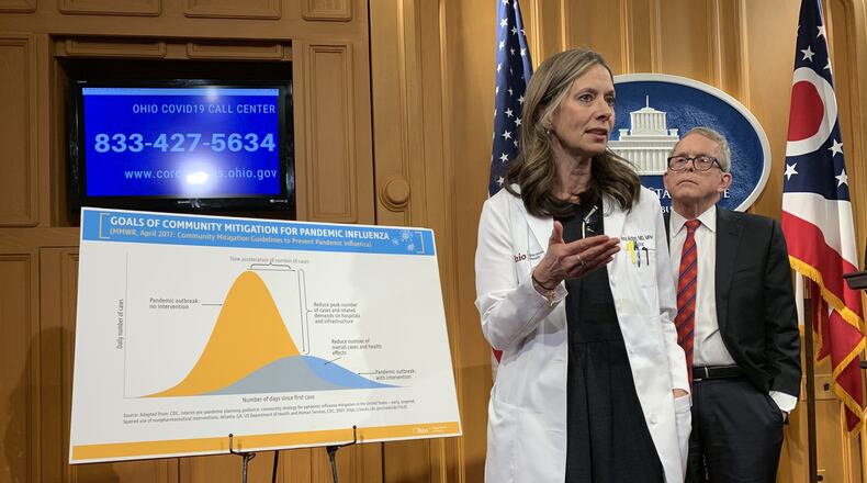Dr. Amy Acton, director of the Ohio Department of Health, and Gov. Mike DeWine gave an update Wednesday afternoon on the importance of the state’s coronavirus outbreak mitigation efforts. LAURA BISCHOFF/STAFF