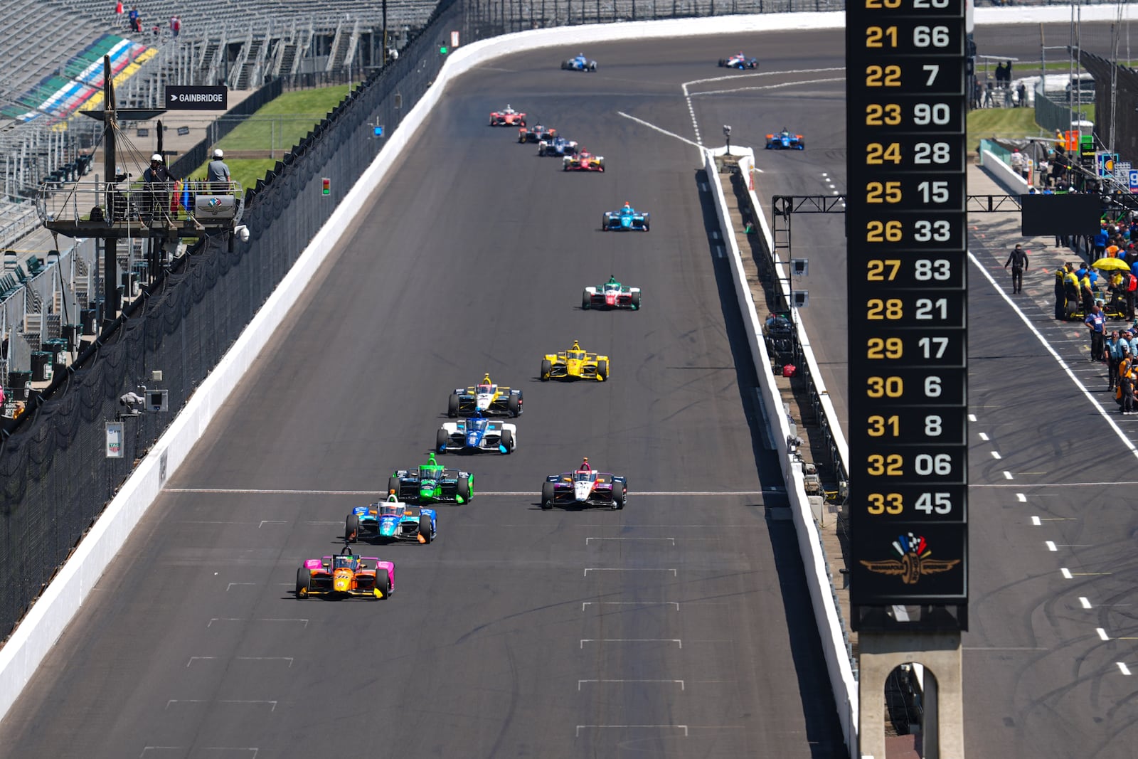 Devlin DeFrancesco, of Canada, leads a pack of cars during practice for the Indianapolis 500 auto race at Indianapolis Motor Speedway in Indianapolis, Friday, May 23, 2025. (AP Photo/Michael Conroy)