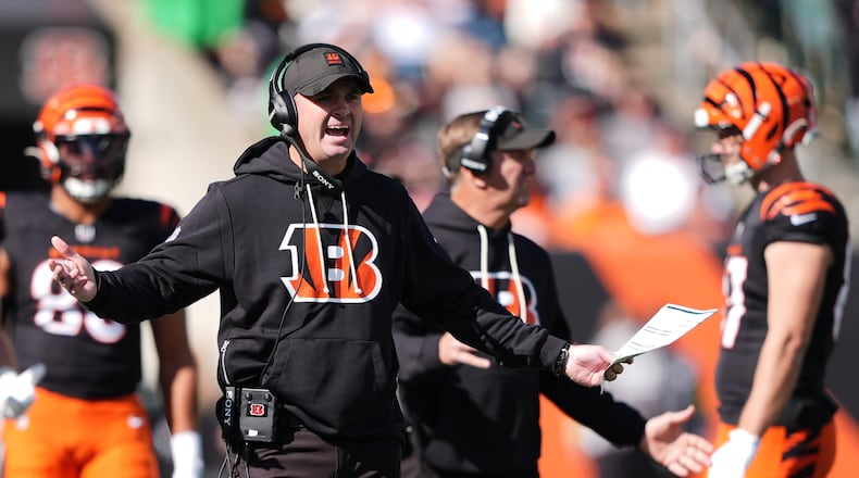 Cincinnati Bengals head coach Zac Taylor reacts on the sideline during the first half of an NFL football game against the New York Jets, Sunday, Oct. 26, 2025, in Cincinnati. (AP Photo/Joshua A. Bickel)