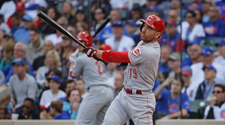 CHICAGO, IL - OCTOBER 01: Joey Votto #19 of the Cincinnati Reds hits a double in his last at-bat of the season in the 8th inning against the Chicago Cubs at Wrigley Field on October 1, 2017 in Chicago, Illinois. The Reds defeated the Cubs 3-1. (Photo by Jonathan Daniel/Getty Images)
