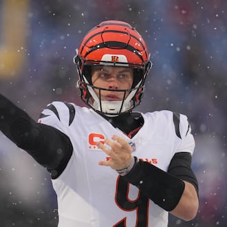 Cincinnati Bengals quarterback Joe Burrow throws a pass during warmups before an NFL football game against the Buffalo Bills, Sunday, Dec. 7, 2025, in Orchard Park, N.Y. (AP Photo/Gene J. Puskar)