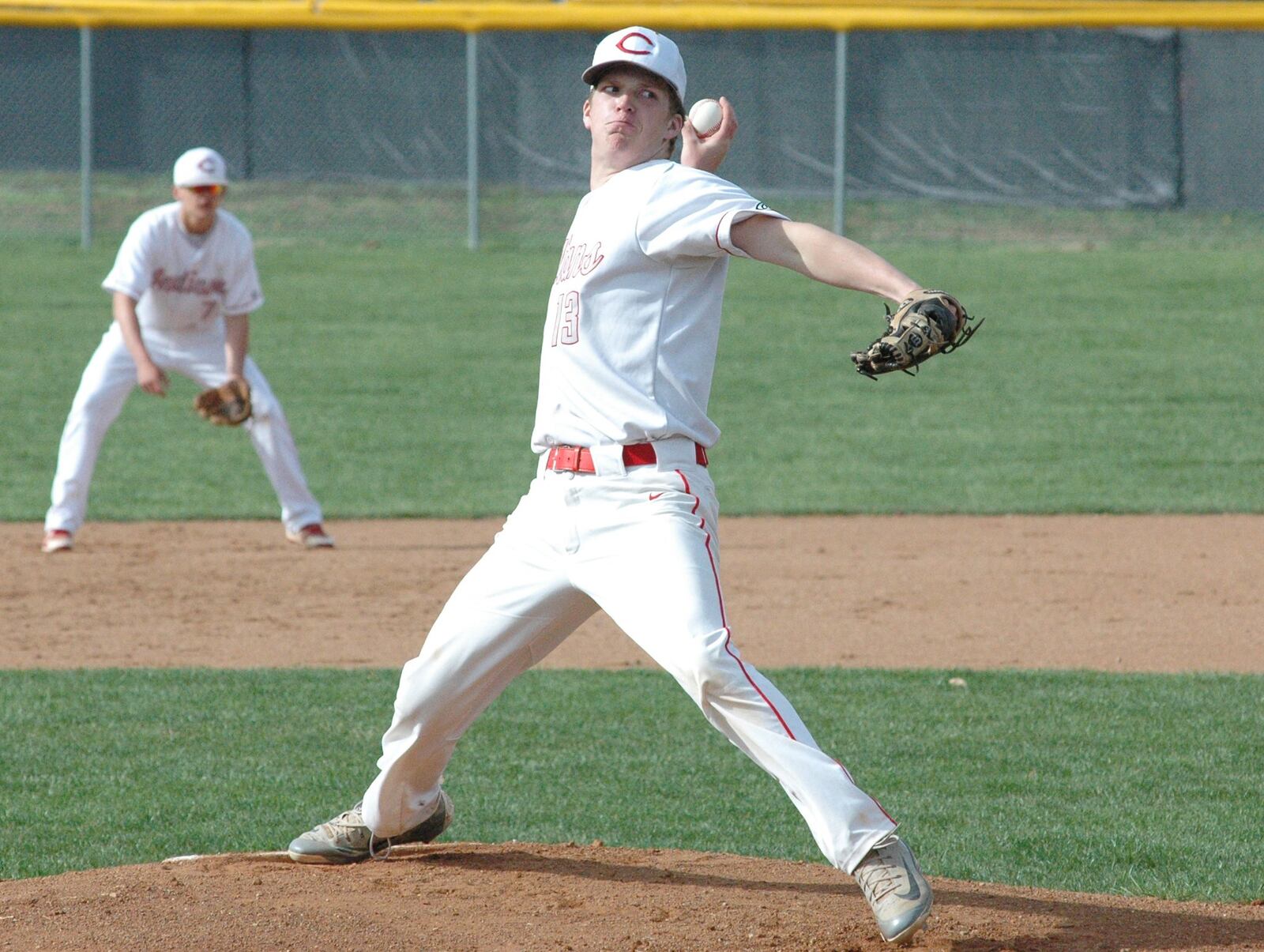 Carlisle pitcher Brice Naylor is about to deliver to the plate Monday during a Southwestern Buckeye League baseball game against visiting Madison at Sam Franks Field. Madison won 1-0. RICK CASSANO/STAFF