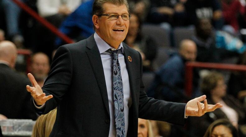 Connecticut coach Geno Auriemma protests a call in the Albany Regional final on Monday, March 30, 2015, at the Times Union Center in Albany, N.Y. David Jablonski/Staff