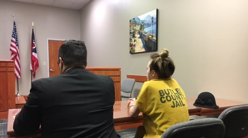 Alyson Tester, with attorney Frank Schivone IV, was arraigned today in Butler County Juvenile Court for misdemeanort child endangering. LAUREN PACK/STAFF