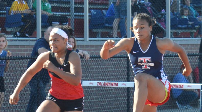 Sophomore Kyra Koontz (right) shared team MVP honors for Talawanda track this spring. She is shown in the 100-meter hurdles at the Southwest Ohio Conference championship meet held at Talawanda last month, in which she won the league title. She also won SWOC championships in the 100- and 200-meter events and was second in the long jump. She qualified to the Regional Meet in the long jump, hurdles and 100 meters. CONTRIBUTED/BOB RATTERMAN