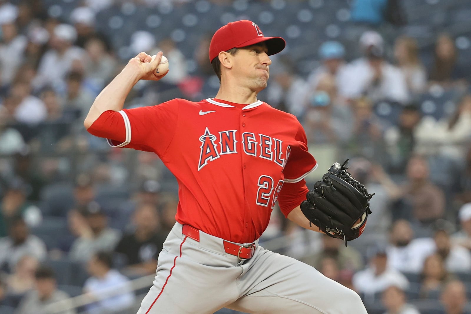 Los Angeles Angels' Kyle Hendricks pitches during the first inning of a baseball game against the New York Yankees, Tuesday, June 17, 2025, in New York. (AP Photo/Pamela Smith)