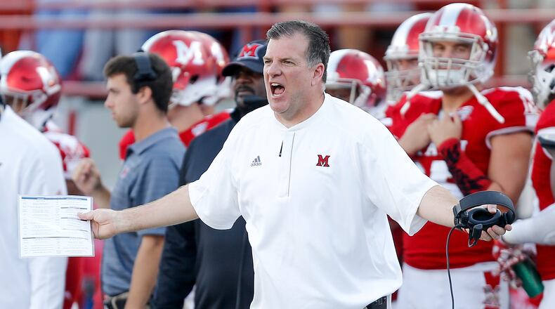 Head coach Chuck Martin of the Miami Ohio Redhawks reacts against the Buffalo Bulls during the second half at Yager Stadium on October 21, 2017 in Oxford, Ohio. (Photo by Michael Reaves/Getty Images)
