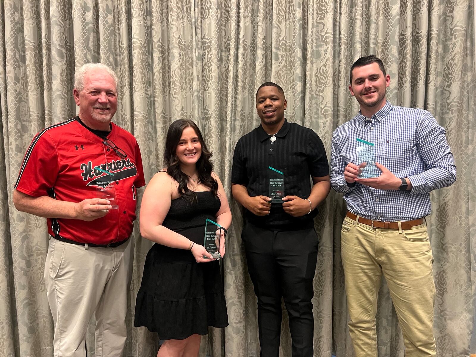 The 2025 Miami University Hamilton Athletics Hall of Fame class includes (left to right) Darrel Grissom, Ali Stewart, Mike Collins and James Leisinger. Chris Vogt/CONTRIBUTED