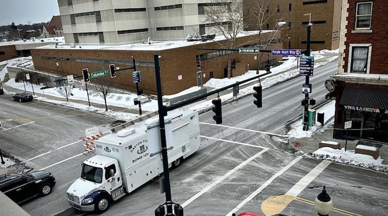 The Dayton Police Bomb Squad was at the corner of Fountain Avenue and Columbia Street in downtown Springfield Monday, Feb. 9, 2026. Contributed photo Buck Creek Photography