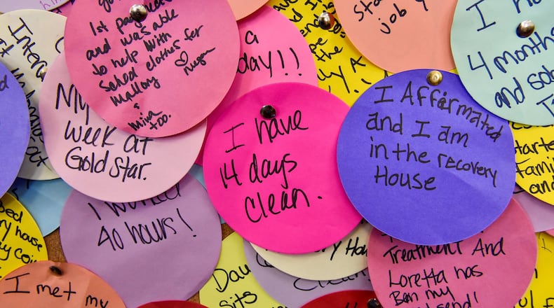Notes from participants in the Butler County Juvenile Court Family Treatment Drug Court Program are on display in the courtroom. NICK GRAHAM/STAFF