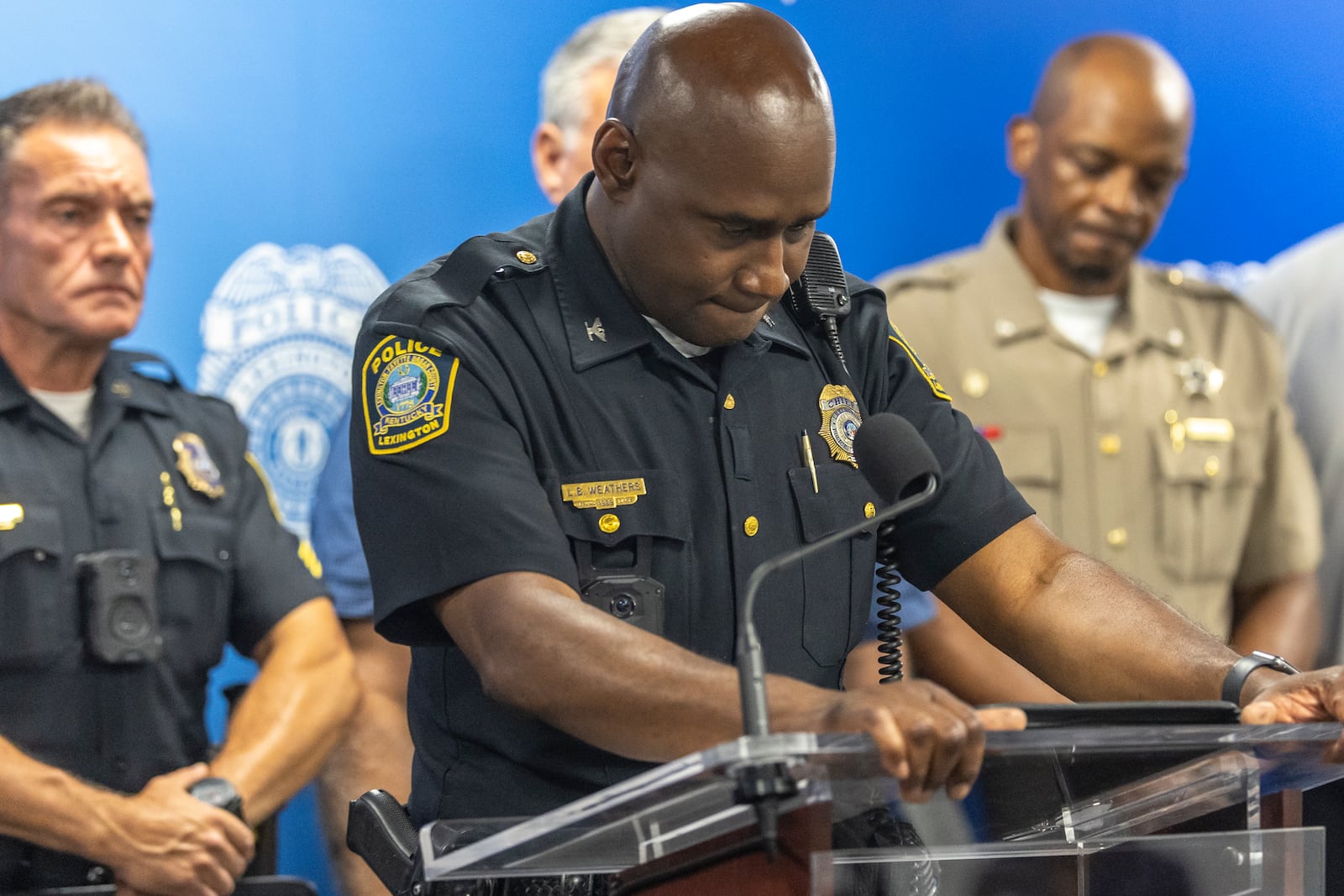 Lexington Police Chief Lawrence Weathers speaks during a media conference at Lexington Police headquarters in downtown Lexington, Ky., Sunday, July 13, 2025. (Ryan C. Hermens/Lexington Herald-Leader via AP)