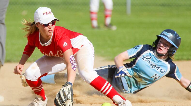 Fairfield shortstop Maddie Koger (4) is late getting a throw on a steal by Mount Notre Dame’s Lydia Anderson (14) during their game held at Fairfield on April. GREG LYNCH/STAFF