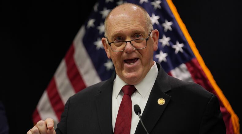 White House border czar Tom Homan holds a news conference at the Bishop Whipple Federal building on Wednesday, Feb. 4, 2026 in Minneapolis. (AP Photo/Ryan Murphy)