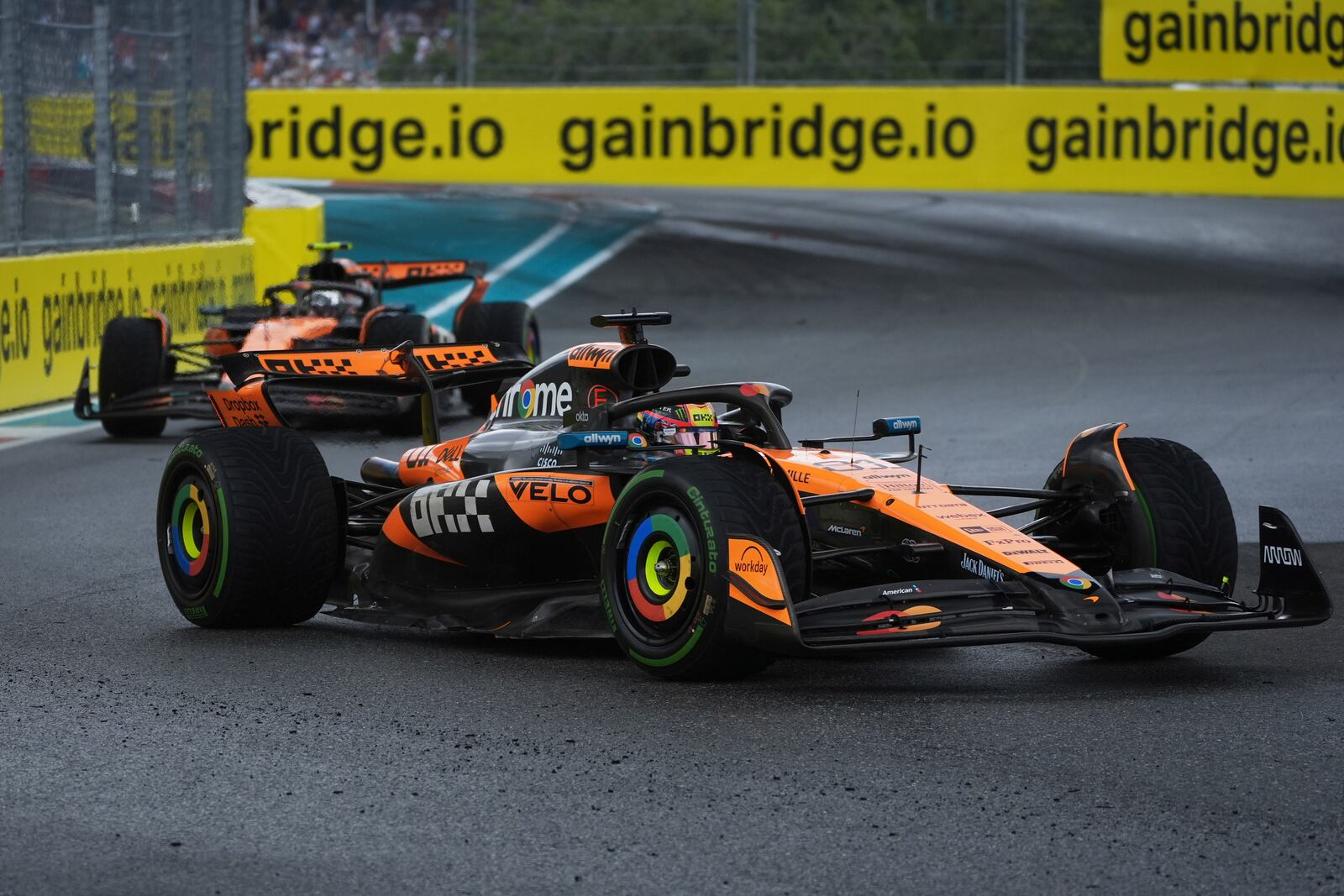 McLaren driver Oscar Piastri of Australia steers his car during the Sprint race at the Formula One Miami Grand Prix auto race, Saturday, May 3, 2025, in Miami Gardens, Fla. (AP Photo/Marta Lavandier)