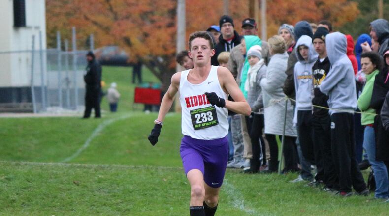 Middletown’s Conant Smith runs to a second-place finish in the Division I regional boys cross country race Saturday in Troy. CONTRIBUTED PHOTO BY GREG BILLING