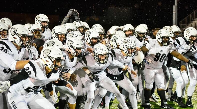 Lakota East, shown before its 20-17 victory over Mason last weekend, ended its season Friday night with a 34-6 loss to Elder in a Division I, Region 4 playoff semifinal at Mason’s Dwire Field. NICK GRAHAM/STAFF