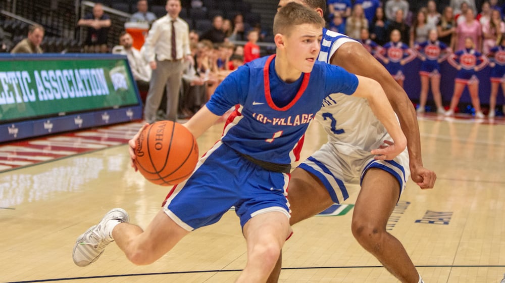 Tri-Village's Trey Sagester drives to the hoop drives to the hoop during their game against Cincinnati Summit Country Day on March 5, 2024 at UD Arena. JEFF GILBERT / CONTRIBUTED PHOTO