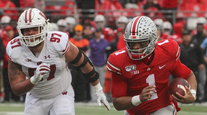 Ohio State quarterback Justin Fields against Wisconsin on Saturday, Oct. 26, 2019, at Ohio Stadium in Columbus. David Jablonski/Staff