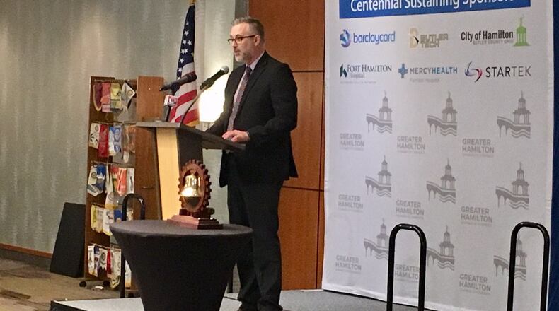 Butler Tech Superintendent Jon Graft touts his school systems partnerships with area schools - including Miami University Hamilton - during his speech this week at the annual State of Schools Hamilton Chamber of Commerce event. Besides Graft, speakers from Hamilton Schools, Miami University Hamilton and Badin High School also gave updates during the lunch event.