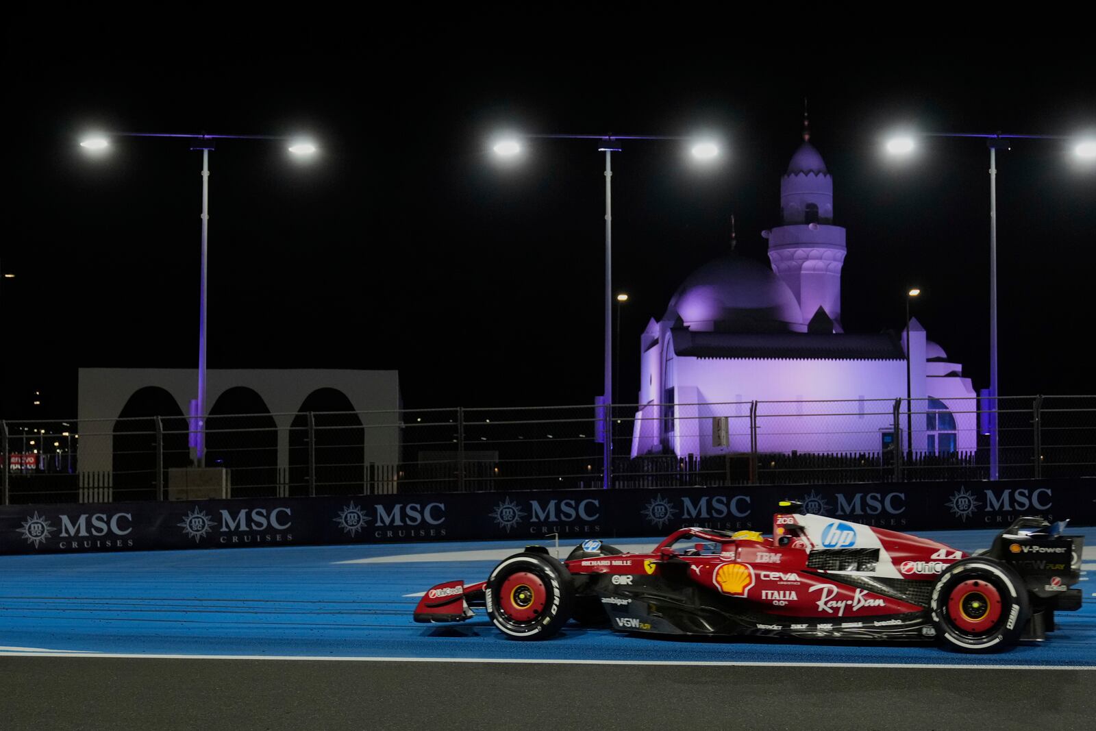 Ferrari driver Lewis Hamilton of Britain steers his car during the Formula One Saudi Arabian Grand Prix at the Jeddah Corniche Circuit in Jeddah, Saudi Arabia, Sunday, April 20, 2025. (AP Photo/Darko Bandic)