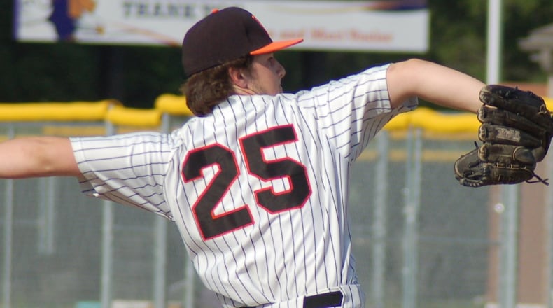 Waynesville’s Brady Stone delivers a pitch during Thursday’s Division II sectional final against Madison at Eaton. CONTRIBUTED PHOTO BY JOHN CUMMINGS