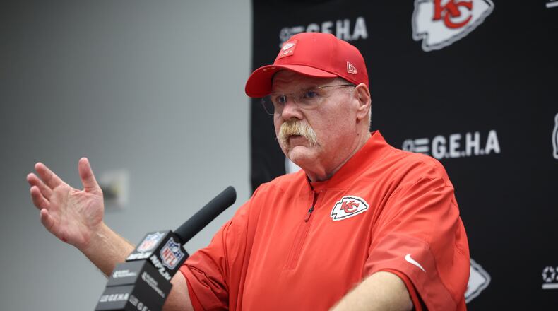 Kansas City Chiefs head coach Andy Reid speaks during a news conference following an NFL football game against the Dallas Cowboys Thursday, Nov. 27, 2025, in Arlington, Texas. (AP Photo/Gareth Patterson)