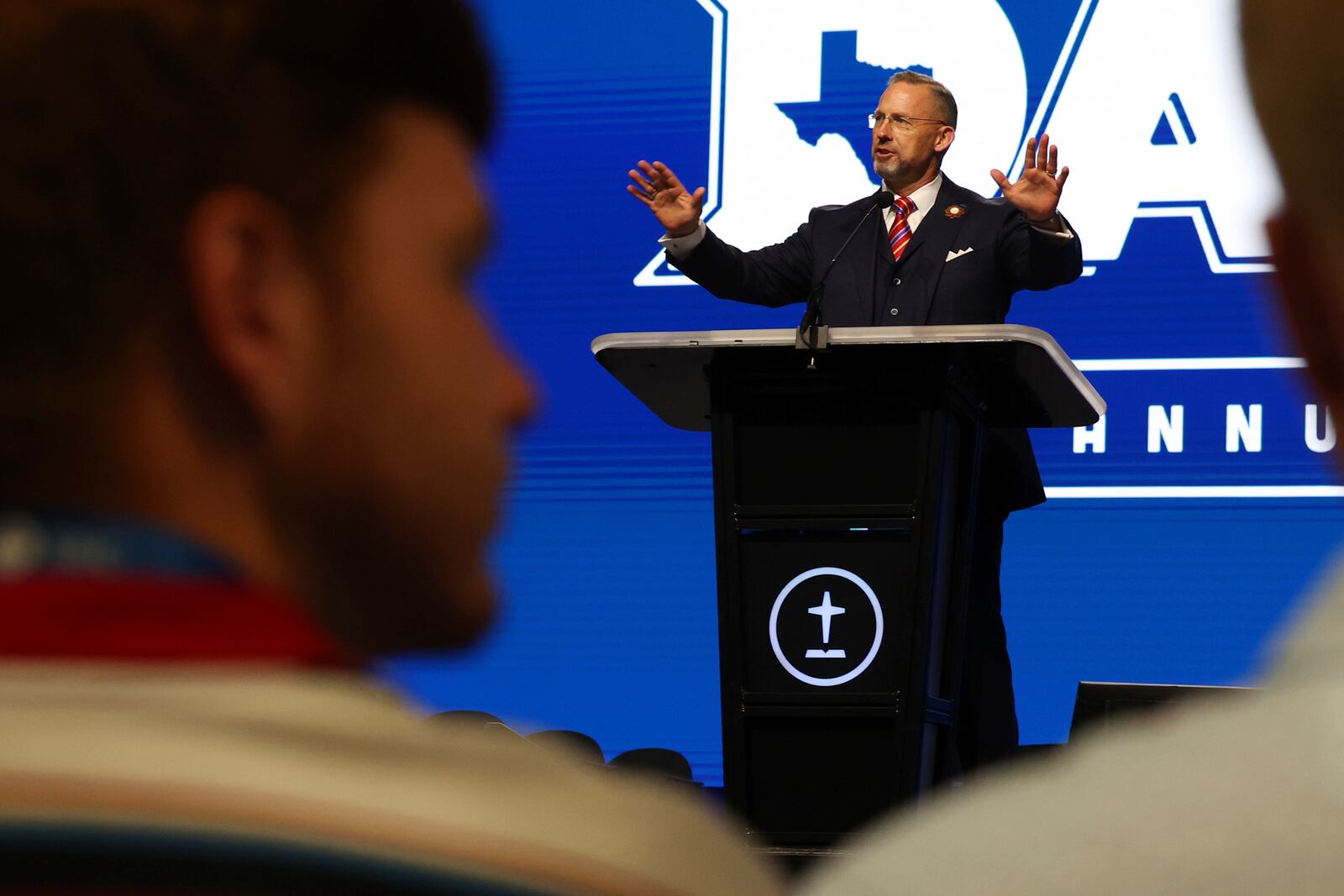 Southern Baptist Convention President Clint Pressley gives the President's Address during the 2025 SBC Annual Meeting, Tuesday, June 10, 2025, in Dallas. (AP Photo/Richard W. Rodriguez)