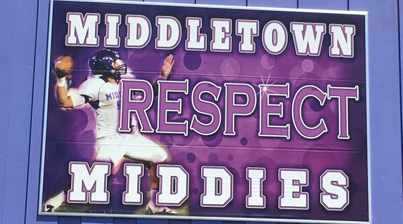A Middletown High School banner is posted at Barnitz Stadium in Middletown. RICK CASSANO/STAFF